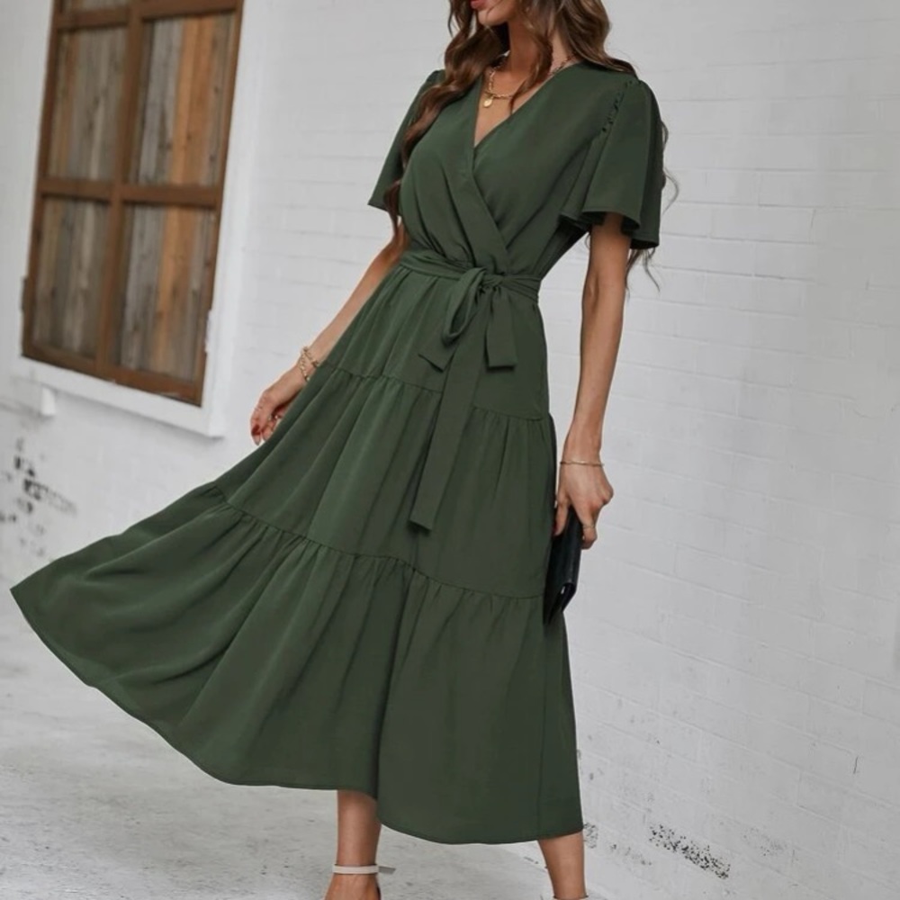 Boho butterfly sleeve ruffle hem belted dress